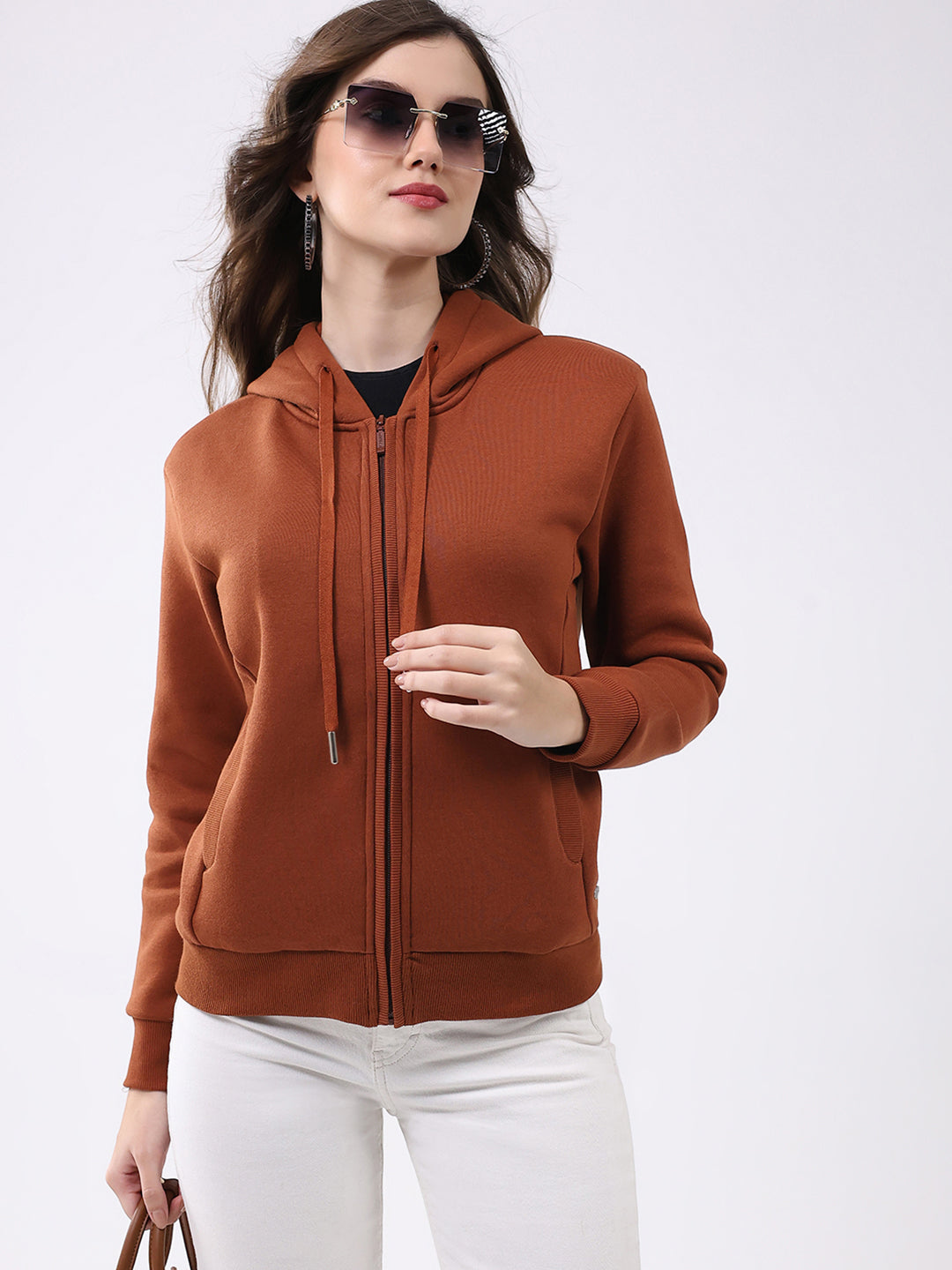 Women Rust Solid Hooded Full Sleeve Sweatshirt