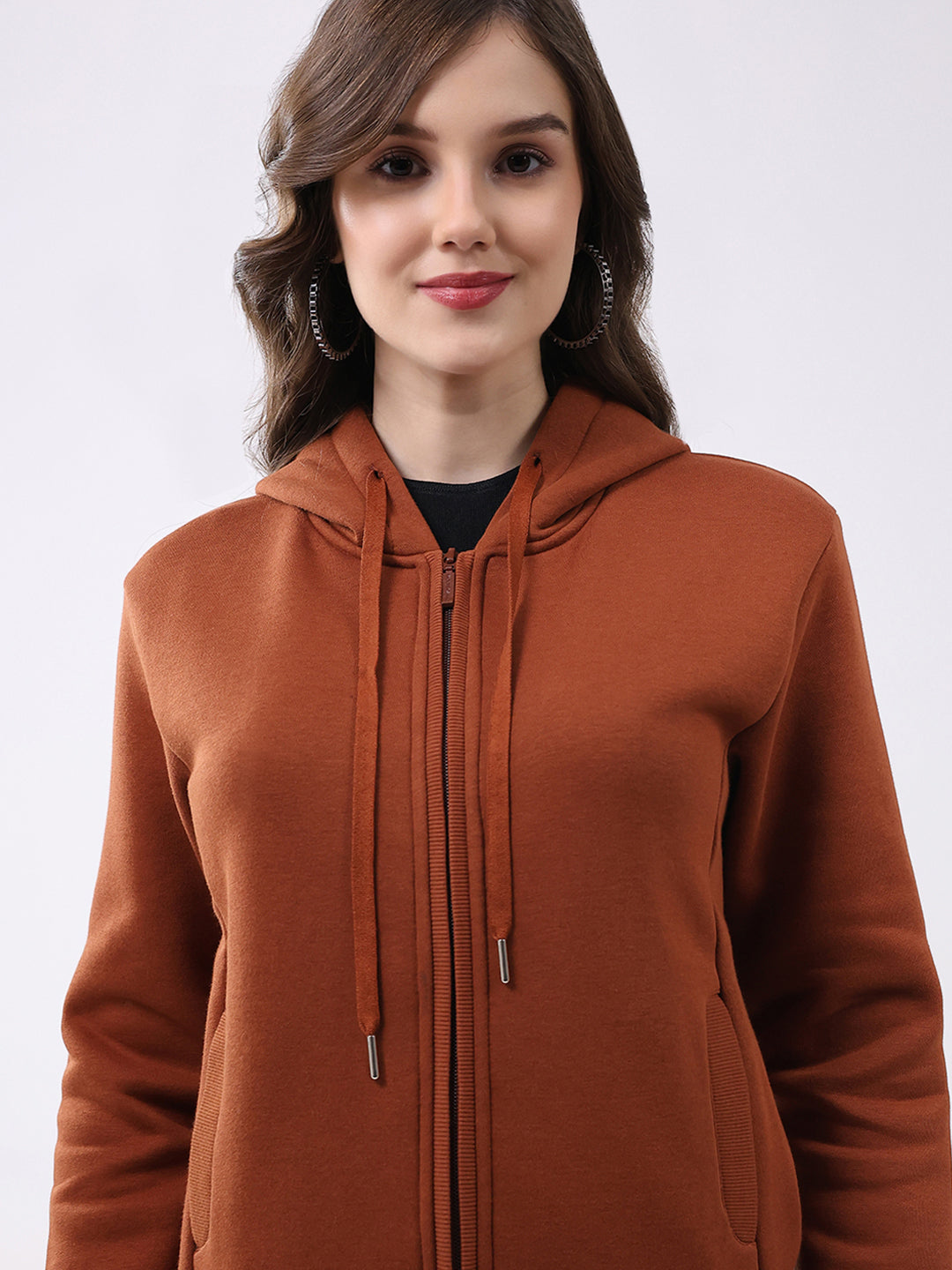 Women Rust Solid Hooded Full Sleeve Sweatshirt