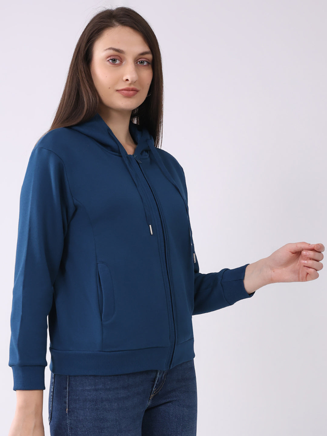 Women Teal Blue Solid Hooded Full Sleeve Sweatshirt
