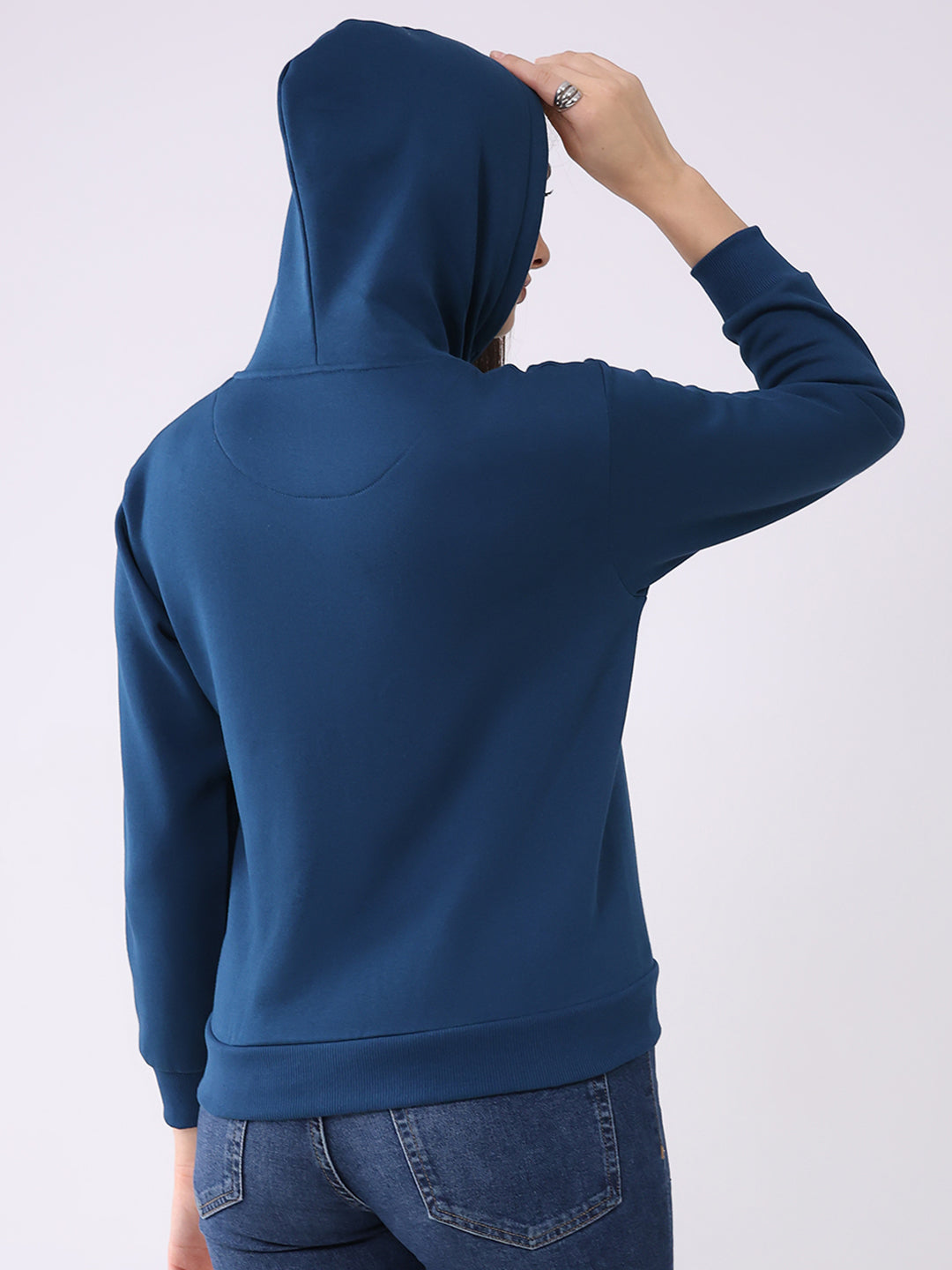Women Teal Blue Solid Hooded Full Sleeve Sweatshirt