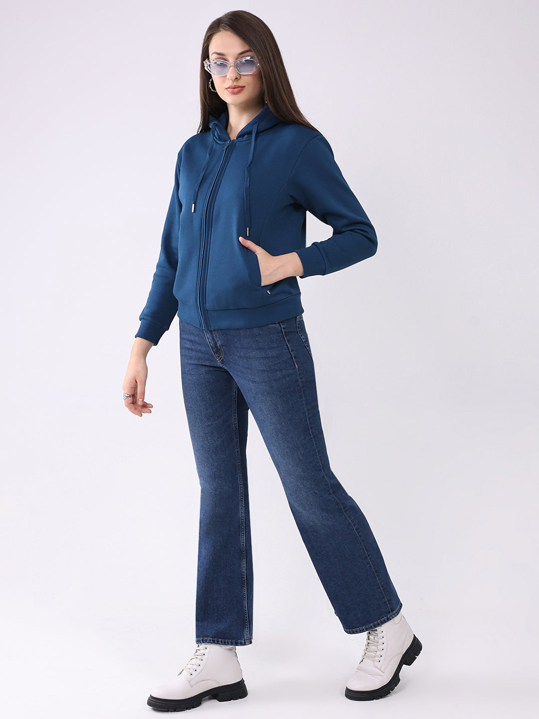 Women Teal Blue Solid Hooded Full Sleeve Sweatshirt