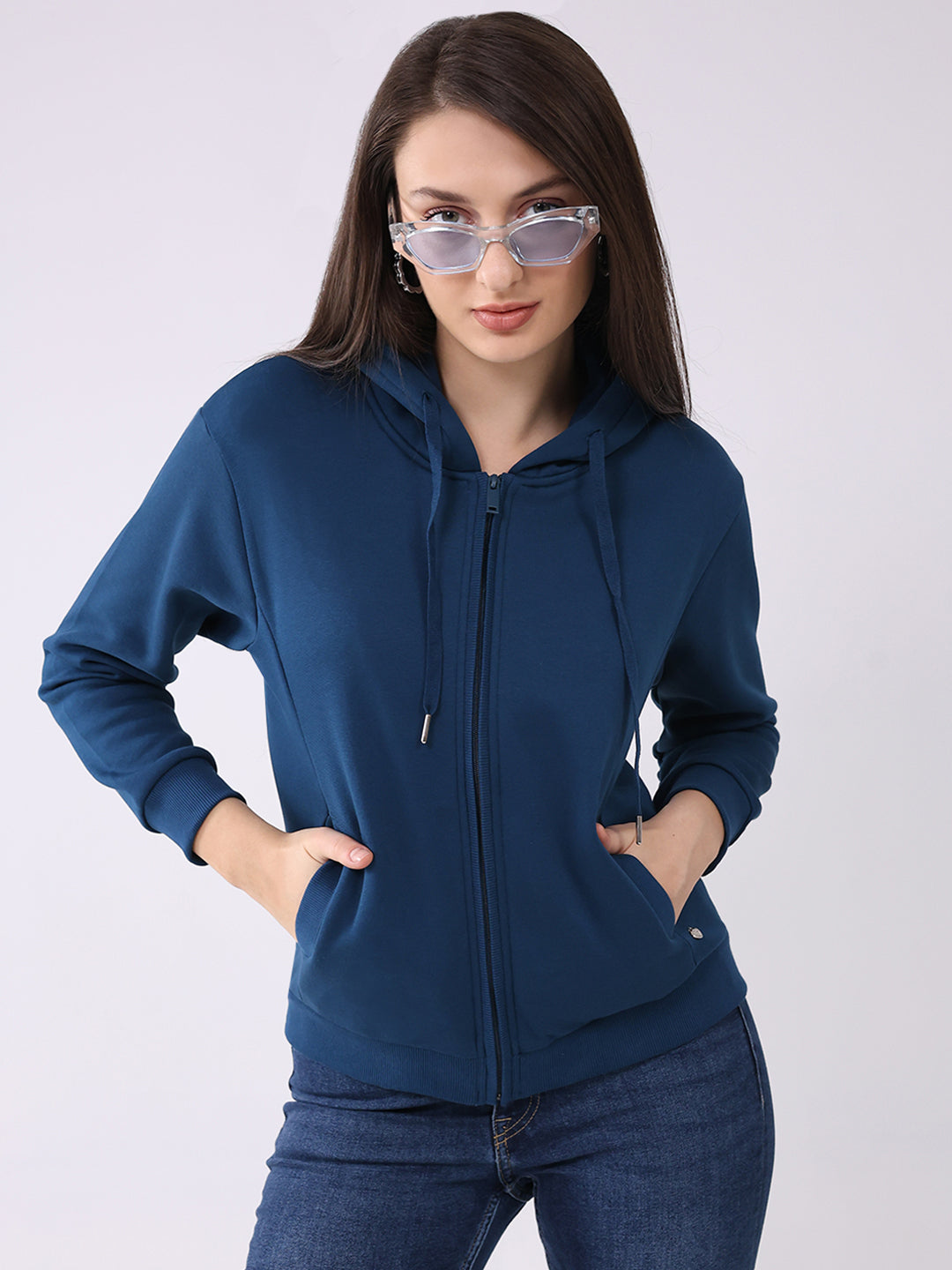 Women Teal Blue Solid Hooded Full Sleeve Sweatshirt