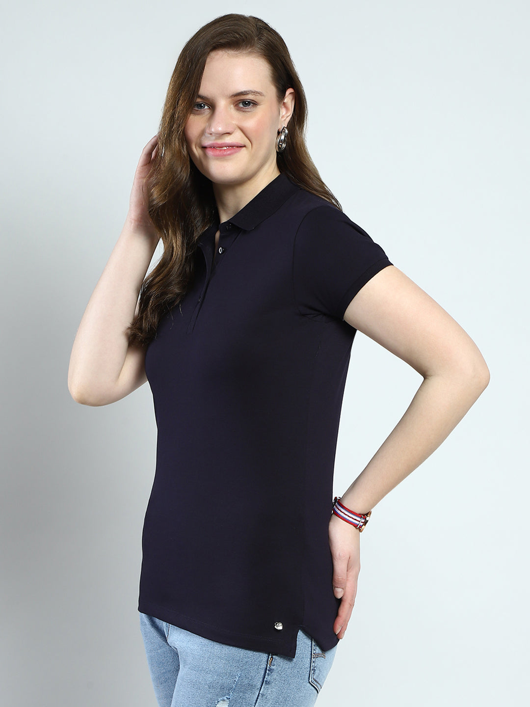 Women Navy Blue Solid Collar Half Sleeve T-Shirt