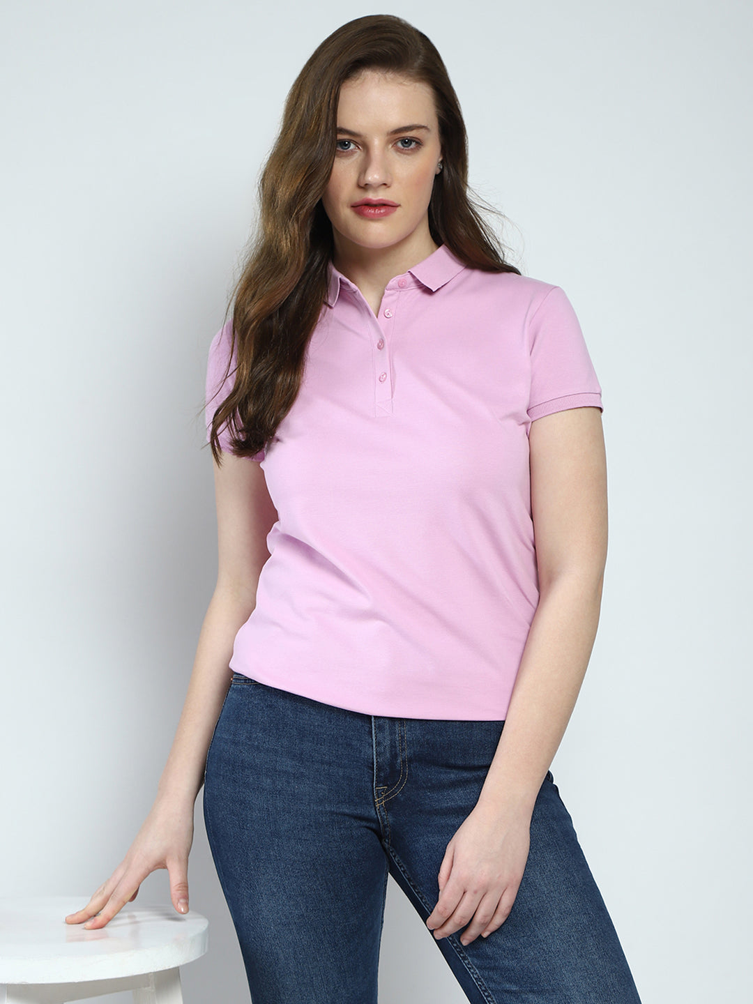 Women Pink Solid Collar Half Sleeve T-Shirt
