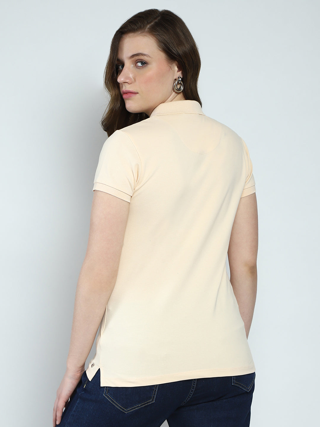 Women Beige Solid Collar Half Sleeve T-Shirt