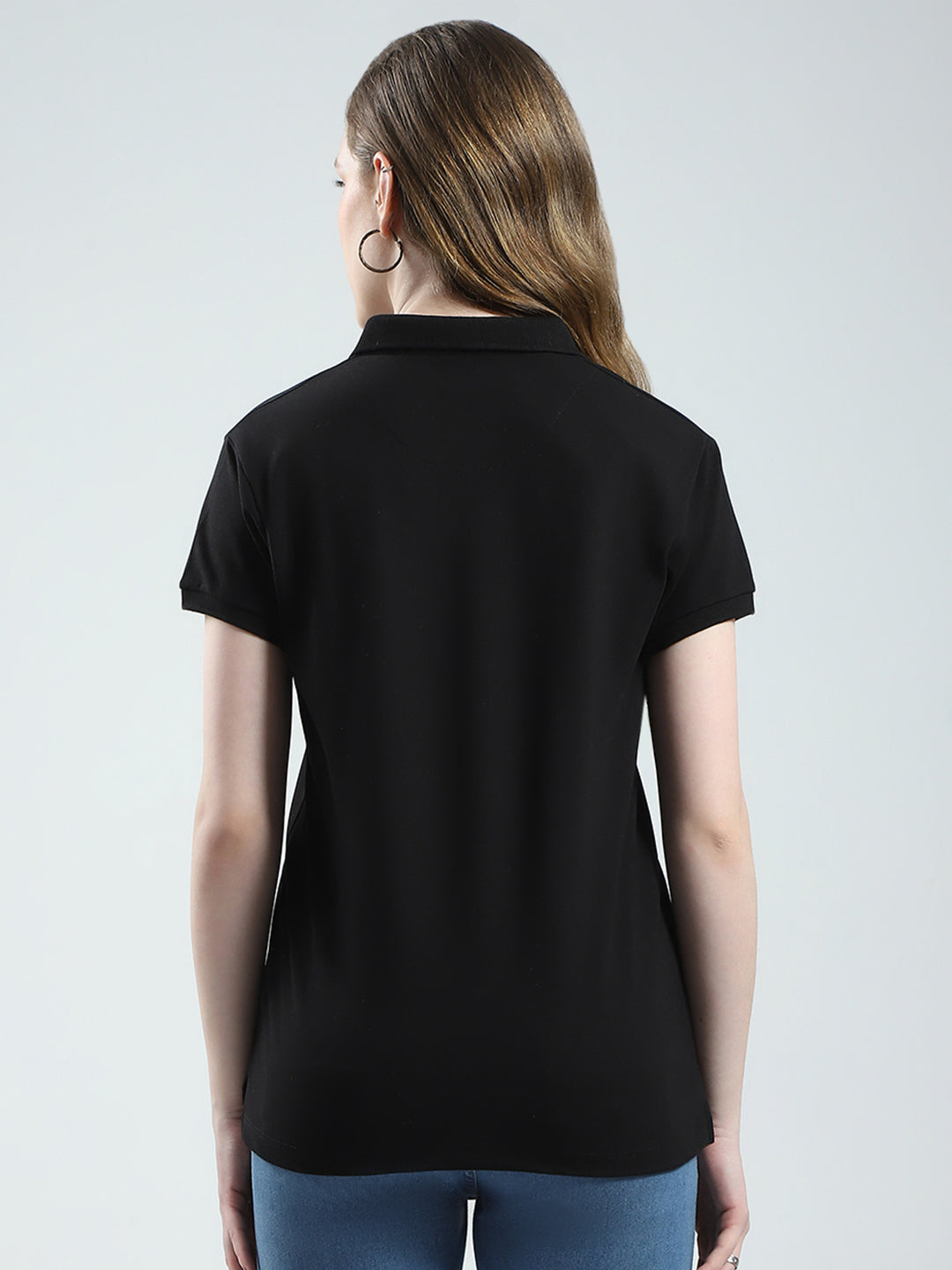 Women Black Solid Collar Half Sleeve T-Shirt