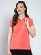 Women Coral Solid Collar Half Sleeve T-Shirt
