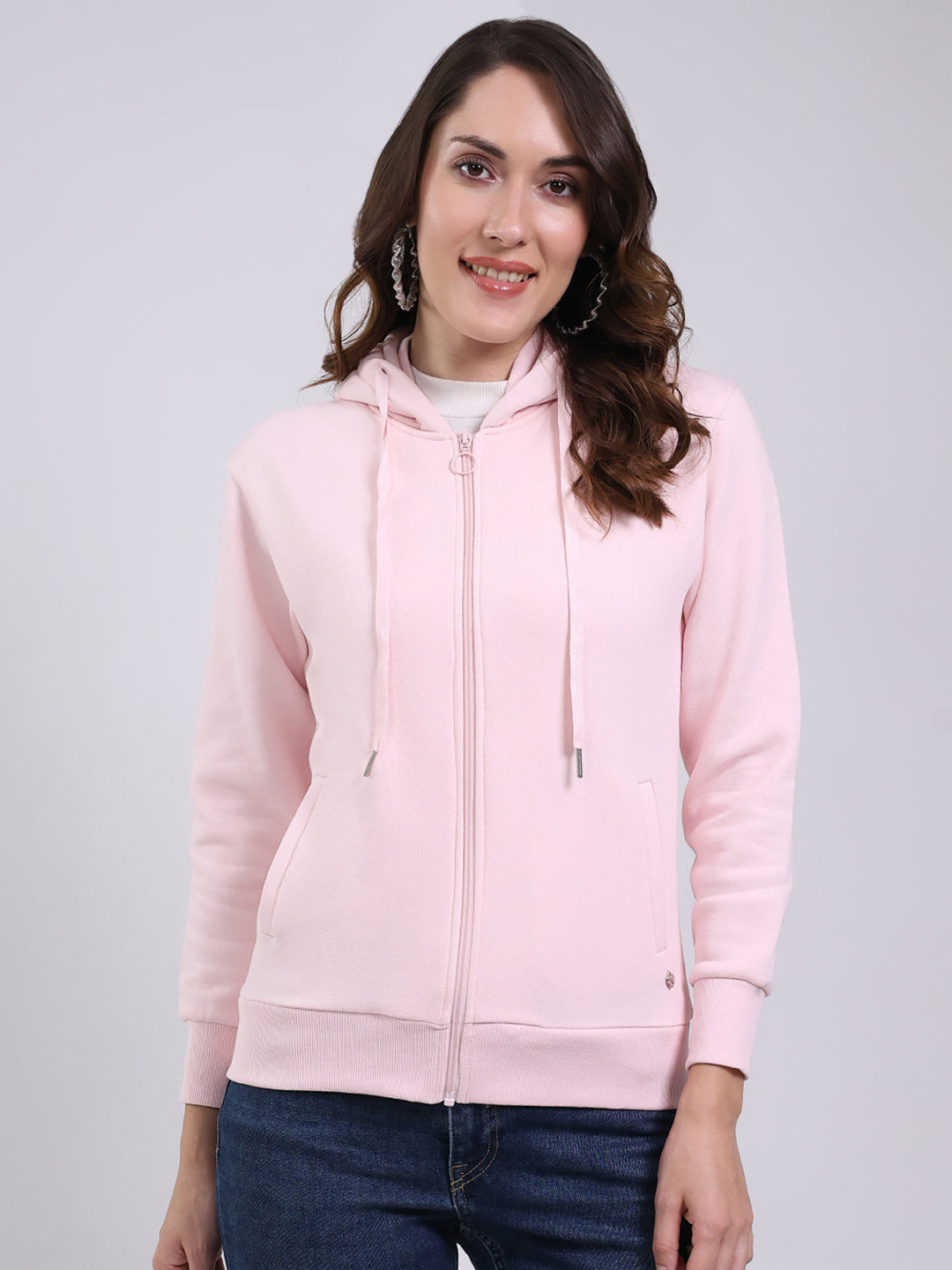 Women Pink Printed Hooded Full Sleeve Sweatshirt