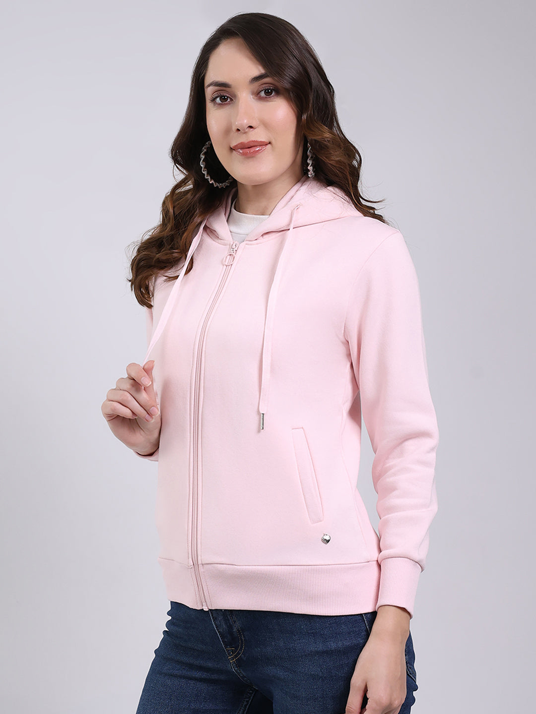 Women Pink Printed Hooded Full Sleeve Sweatshirt