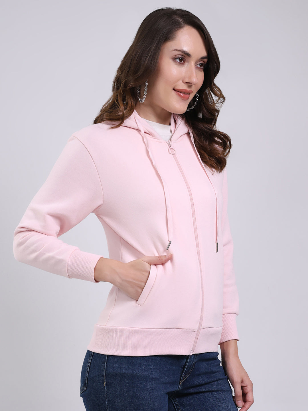 Women Pink Printed Hooded Full Sleeve Sweatshirt