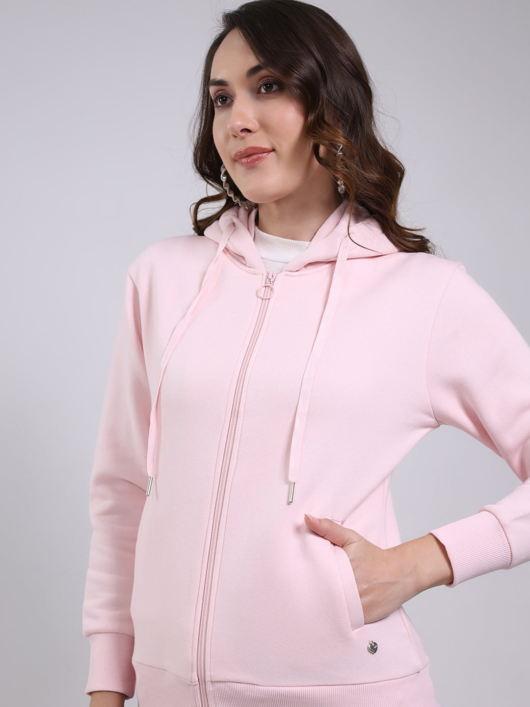 Women Pink Printed Hooded Full Sleeve Sweatshirt