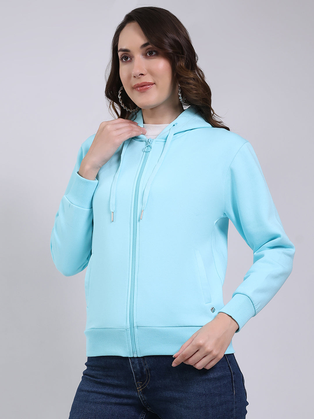 Women Blue Printed Hooded Full Sleeve Sweatshirt