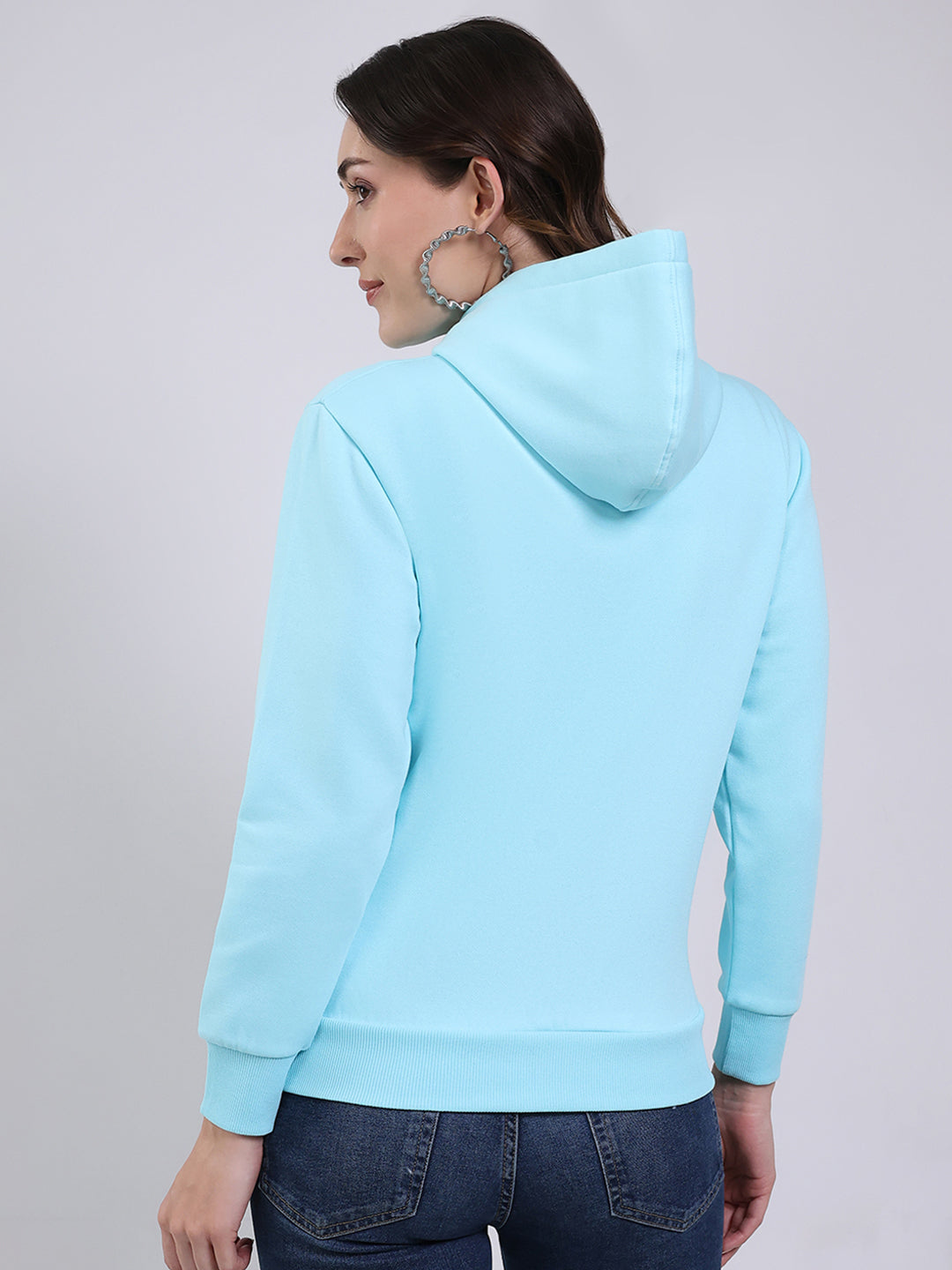 Women Blue Printed Hooded Full Sleeve Sweatshirt