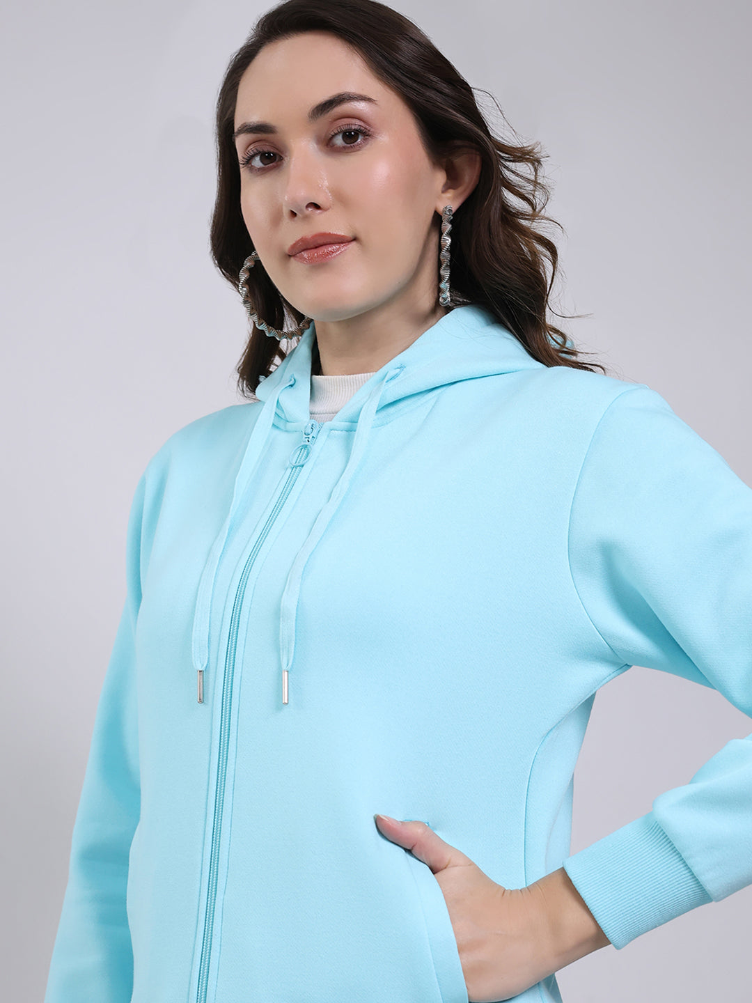 Women Blue Printed Hooded Full Sleeve Sweatshirt