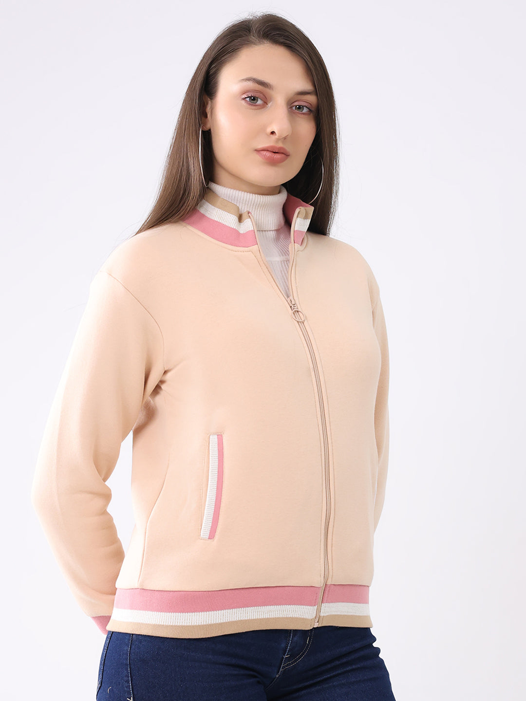 Women Peach Solid Mock Neck Full Sleeve Sweatshirt