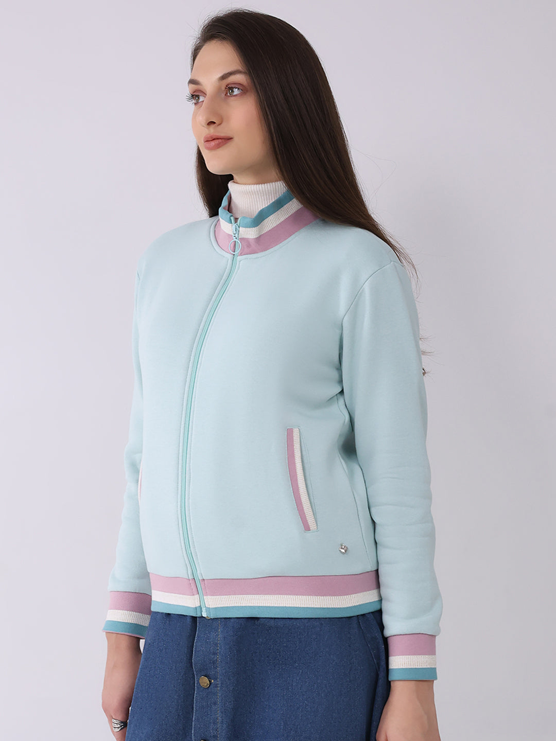 Women Blue Solid Mock Neck Full Sleeve Sweatshirt