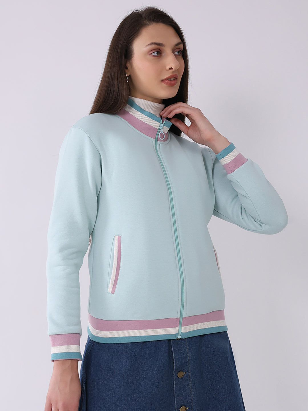 Women Blue Solid Mock Neck Full Sleeve Sweatshirt