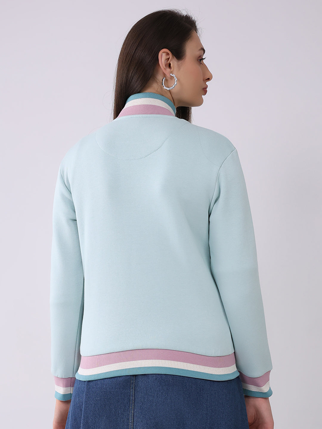 Women Blue Solid Mock Neck Full Sleeve Sweatshirt