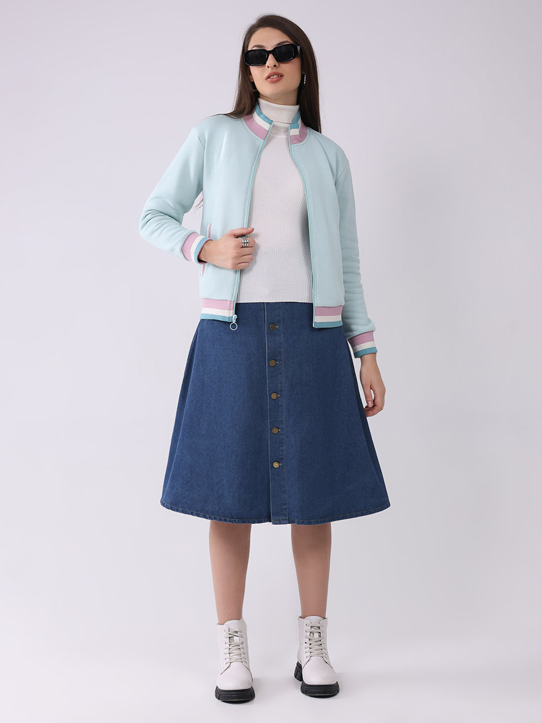 Women Blue Solid Mock Neck Full Sleeve Sweatshirt