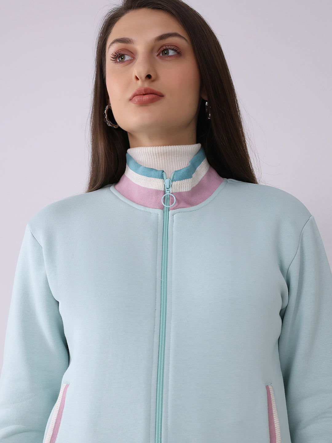 Women Blue Solid Mock Neck Full Sleeve Sweatshirt