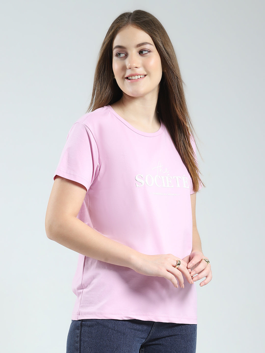 Women Purple Printed Round Neck Half Sleeve Top