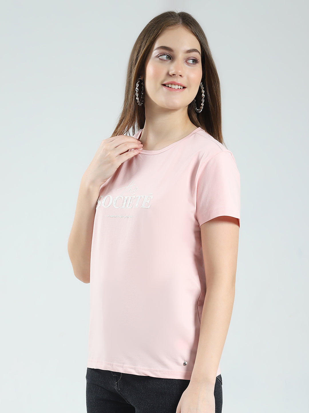 Women Peach Printed Round Neck Half Sleeve Top