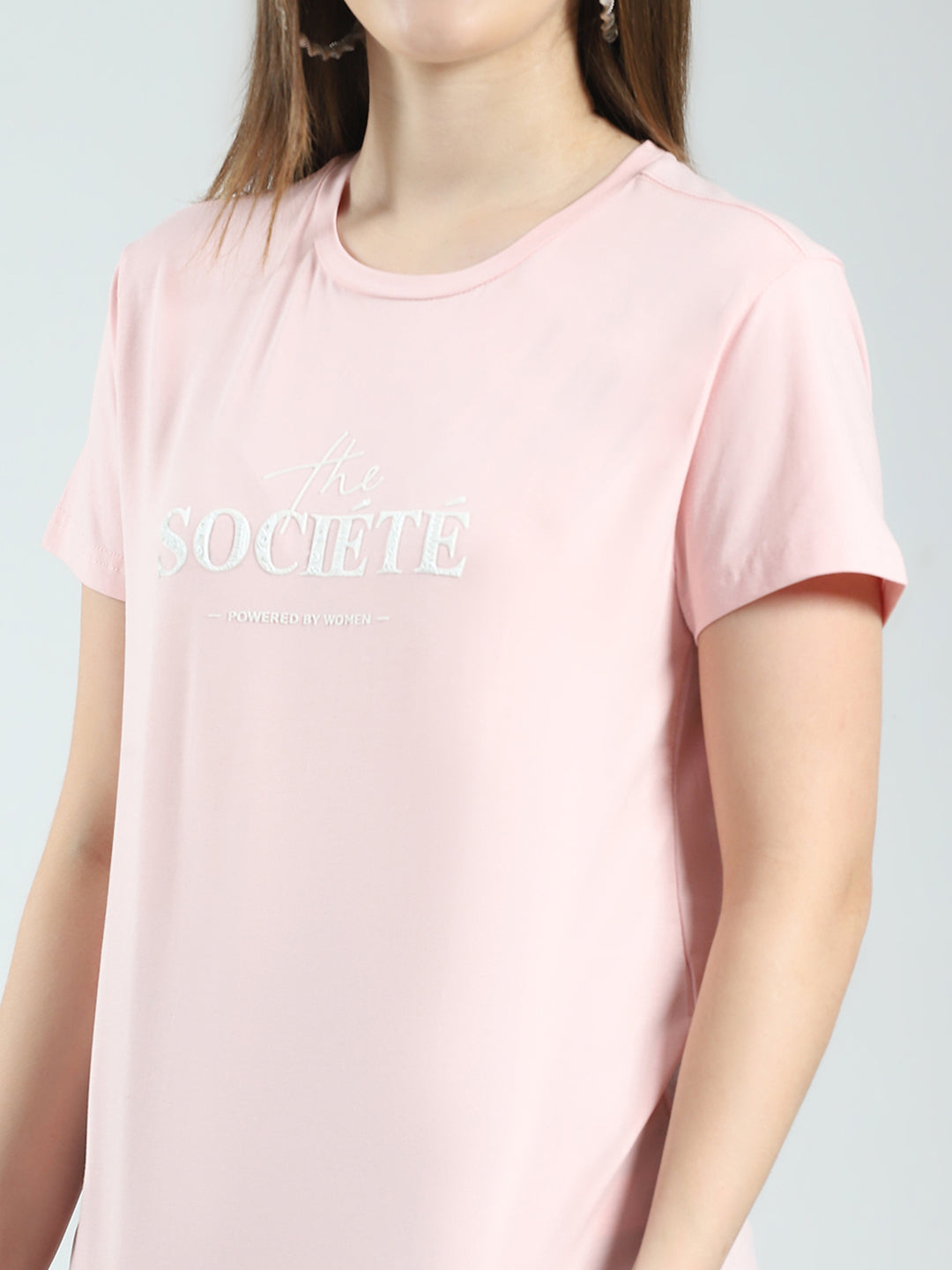 Women Peach Printed Round Neck Half Sleeve Top