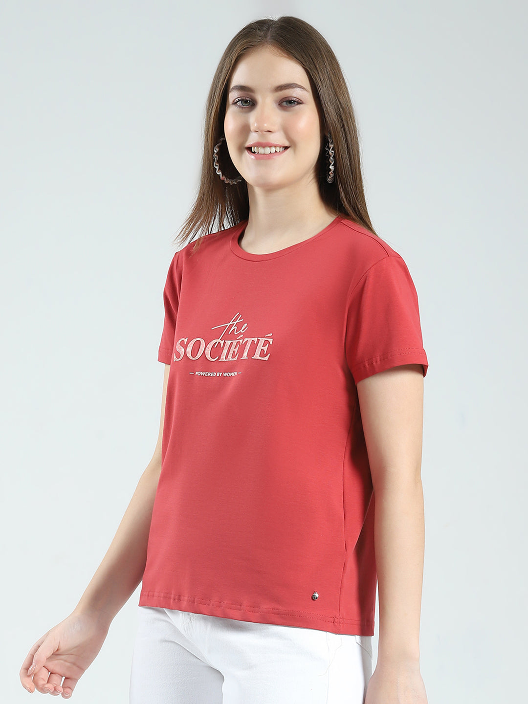 Women Rust Printed Round Neck Half Sleeve Top