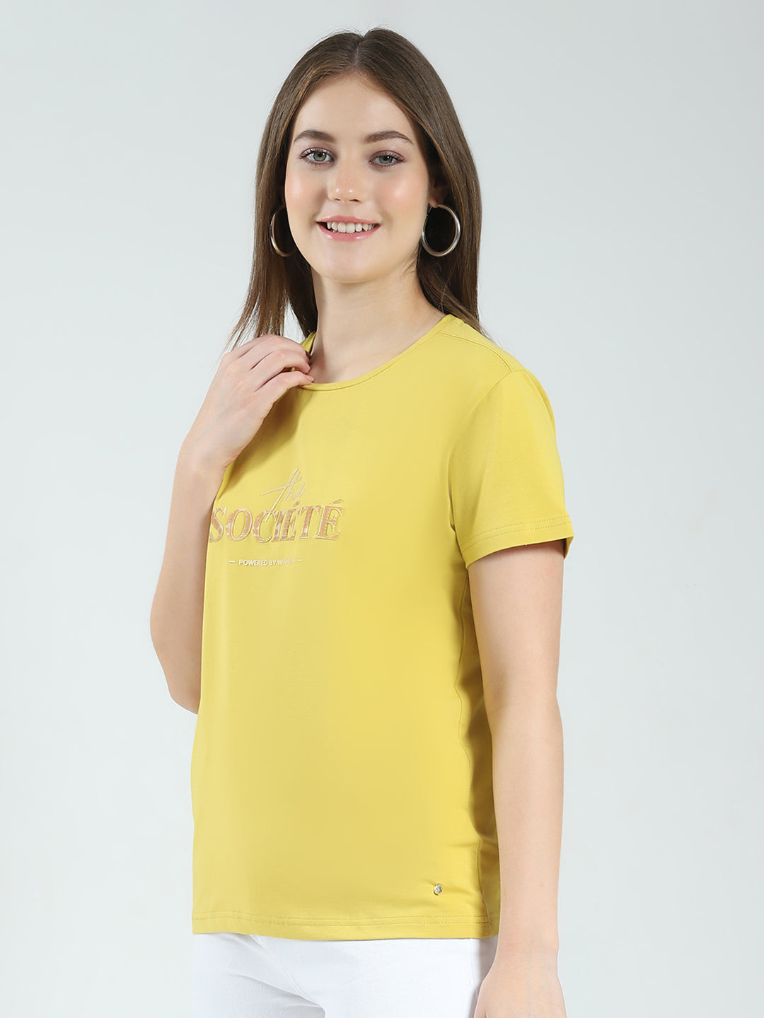 Women Mustard Printed Round Neck Half Sleeve Top