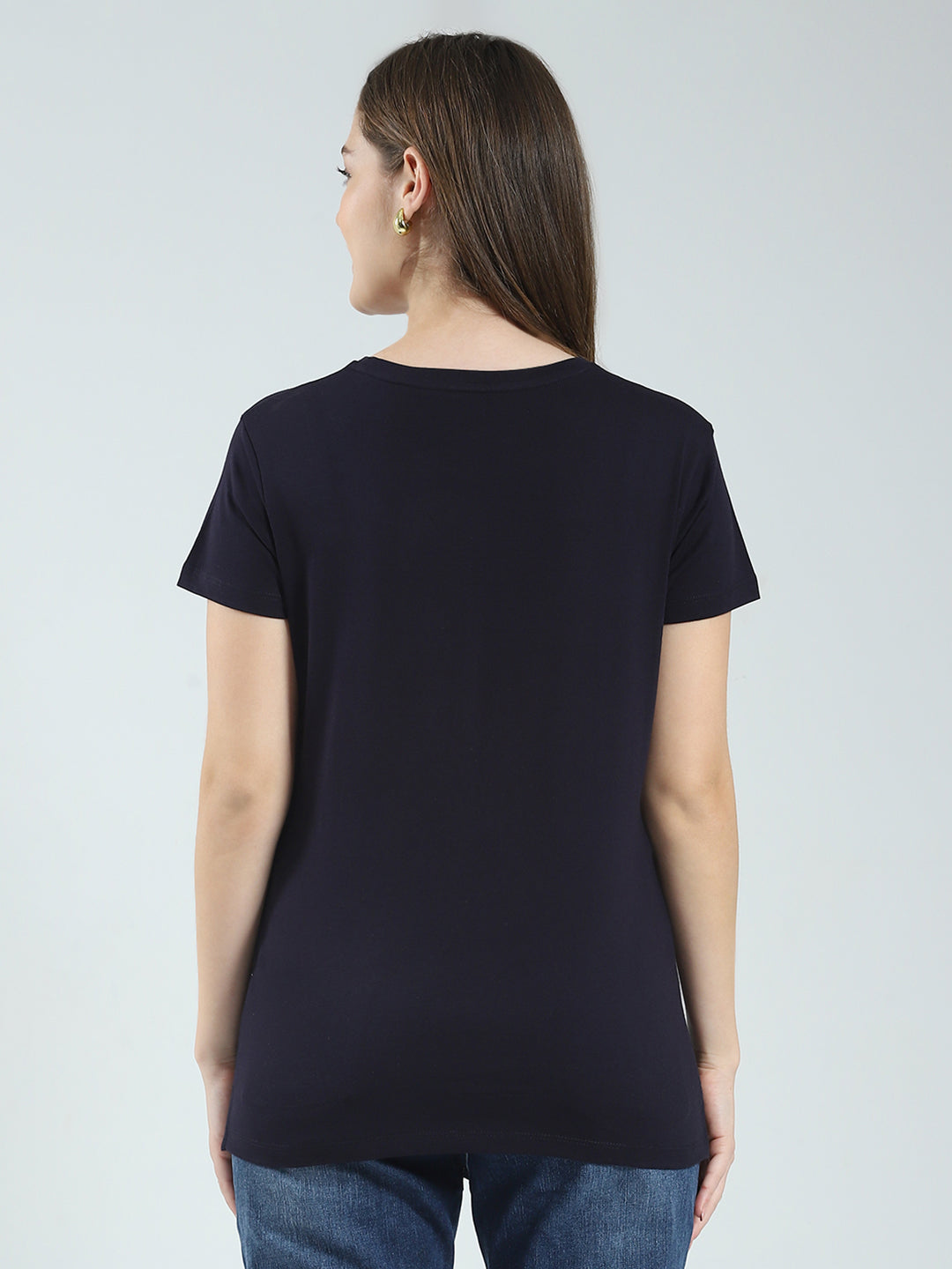 Women Navy Blue & Peach Printed Round Neck Half Sleeve Top (Pack of 2)