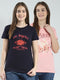 Women Navy Blue & Peach Printed Round Neck Half Sleeve Top (Pack of 2)