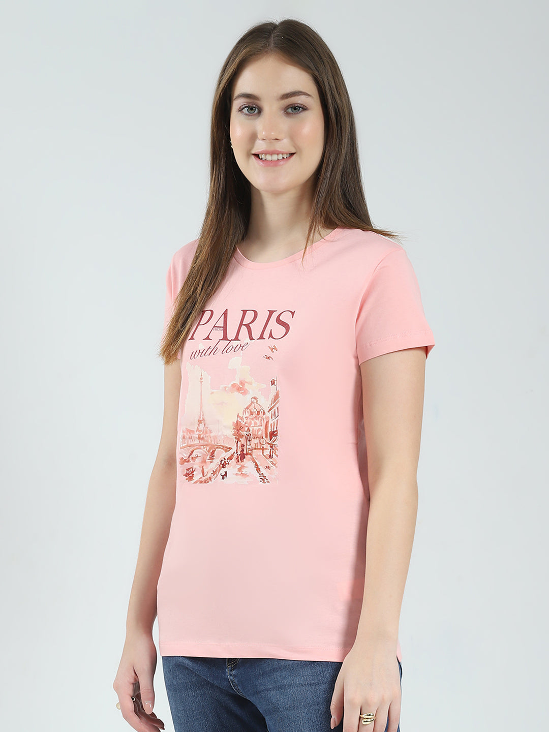 Women Navy Blue & Peach Printed Round Neck Half Sleeve Top (Pack of 2)