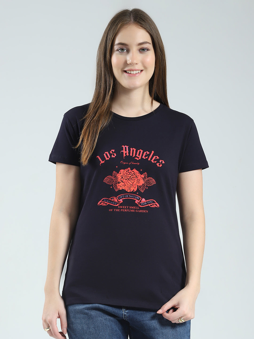 Women Navy Blue & Peach Printed Round Neck Half Sleeve Top (Pack of 2)