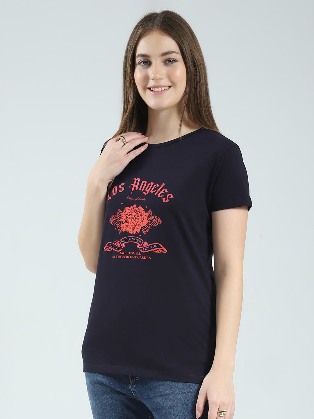 Women Navy Blue & Peach Printed Round Neck Half Sleeve Top (Pack of 2)