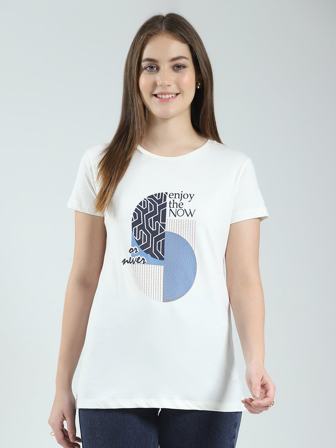 Women Off White & Blue Printed Round Neck Half Sleeve Top (Pack of 2)