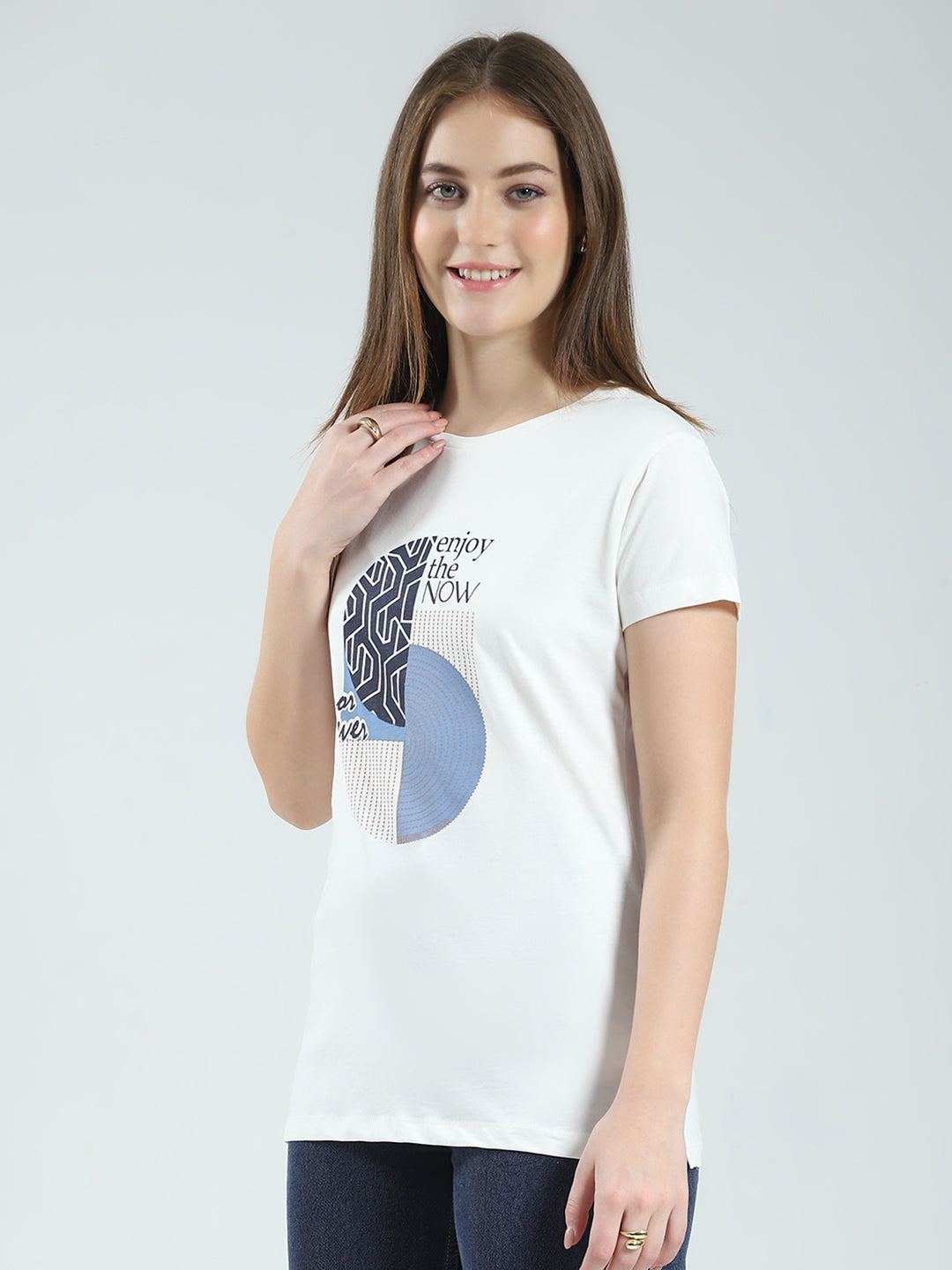 Women Off White & Blue Printed Round Neck Half Sleeve Top (Pack of 2)