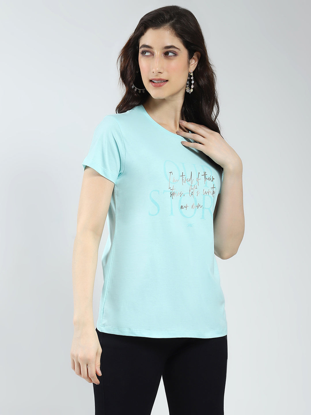 Women Blue & Purple Printed Round Neck Half Sleeve Top 2Pc Set