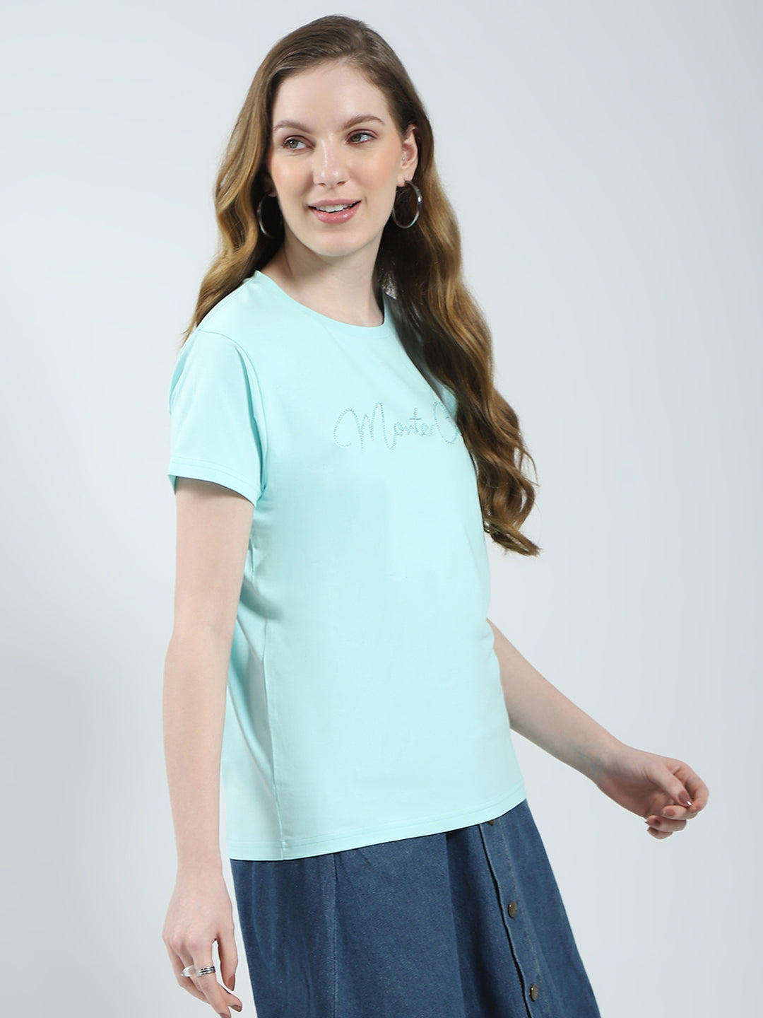 Women Blue Solid Round Neck Half Sleeve Top