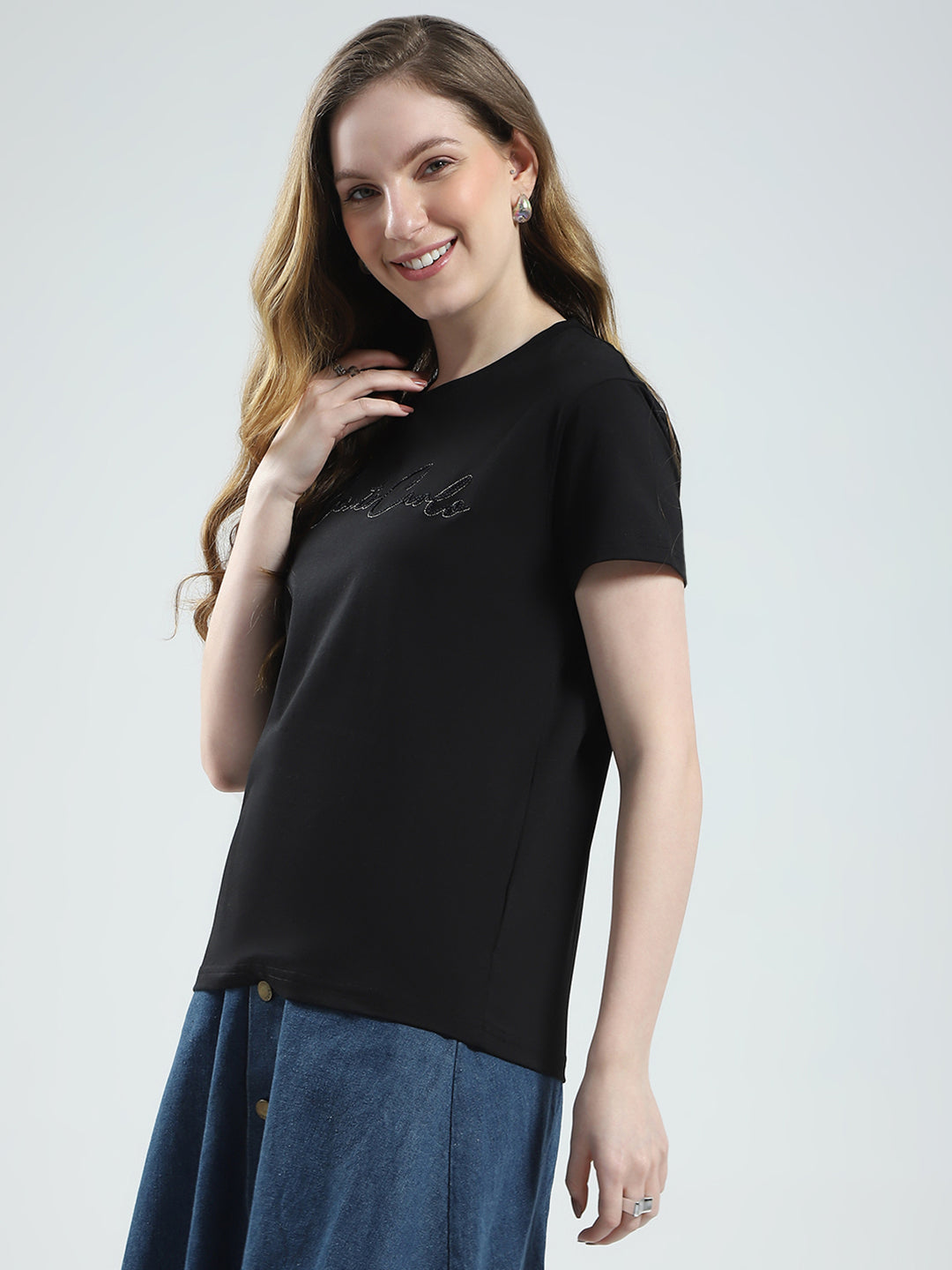 Women Black Solid Round Neck Half Sleeve Top