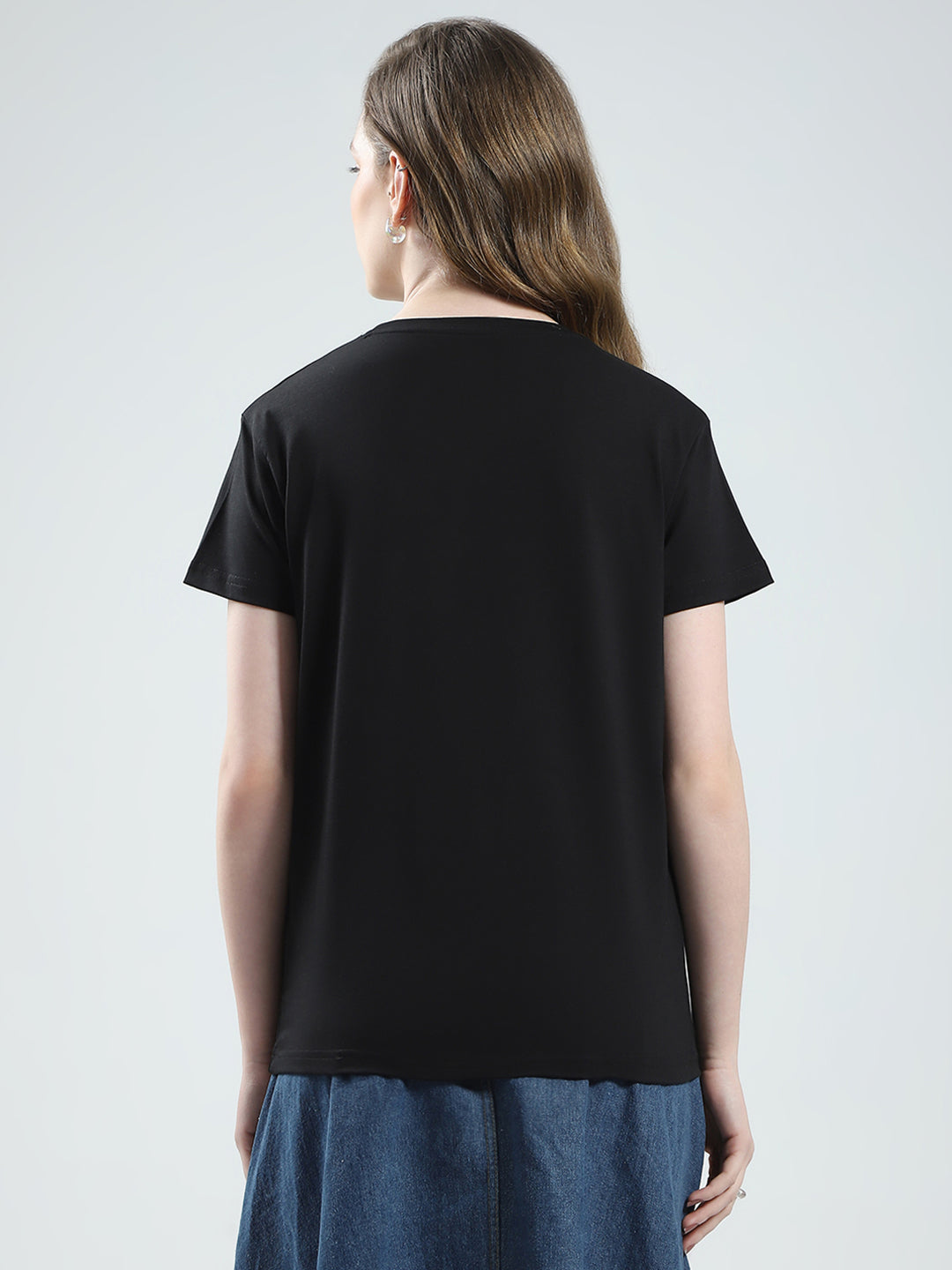 Women Black Solid Round Neck Half Sleeve Top