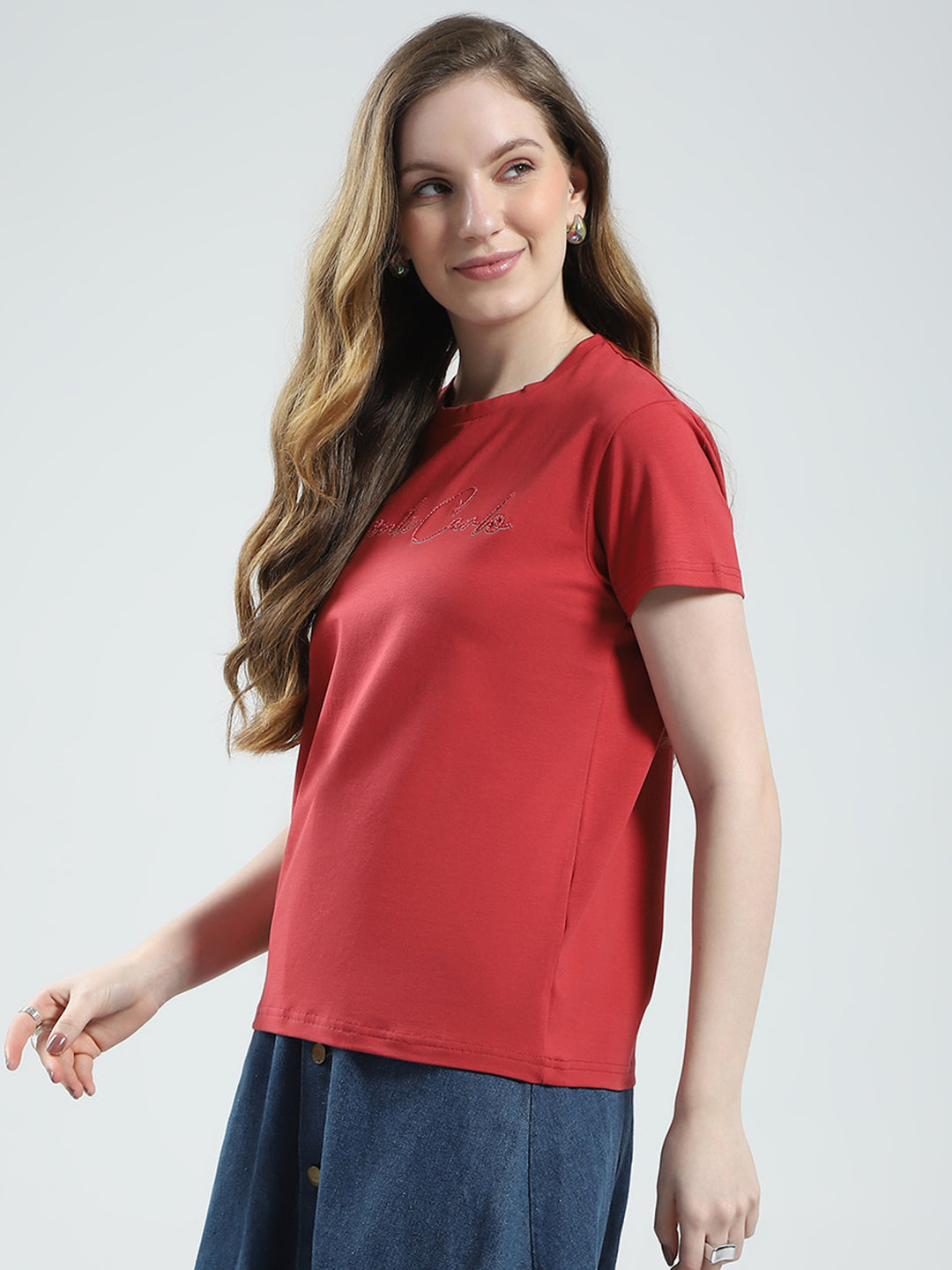 Women Rust Solid Round Neck Half Sleeve Top