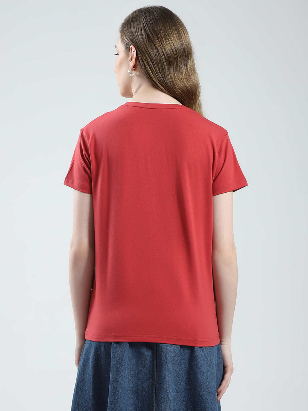 Women Rust Solid Round Neck Half Sleeve Top