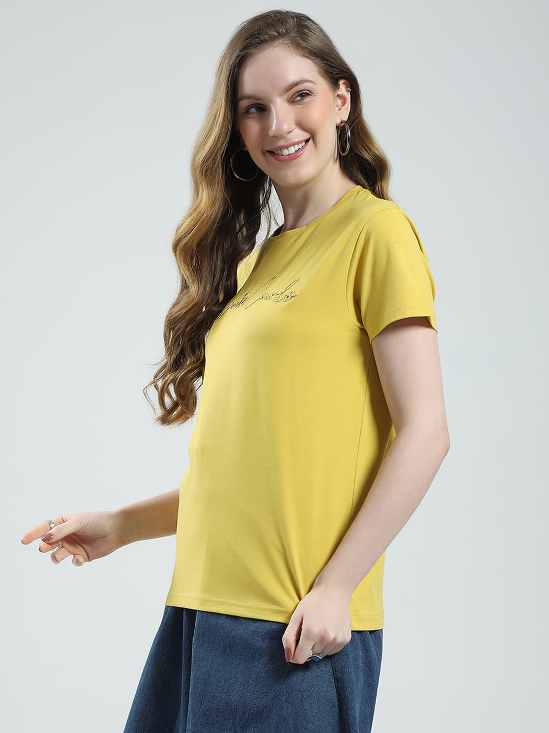 Women Mustard Solid Round Neck Half Sleeve Top