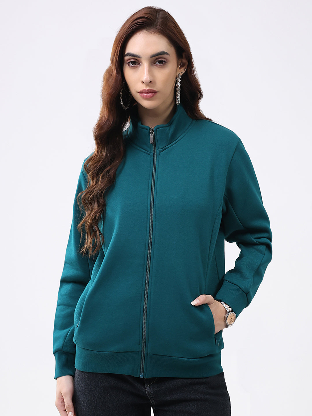 Women Teal Blue Solid Mock Neck Full Sleeve Sweatshirt