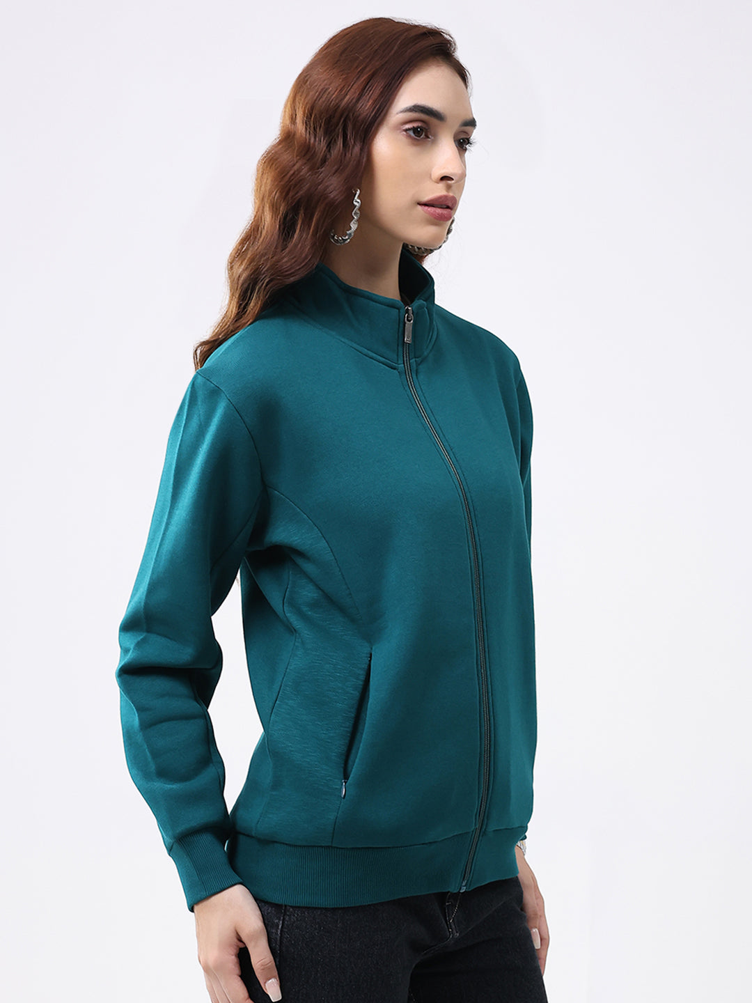 Women Teal Blue Solid Mock Neck Full Sleeve Sweatshirt