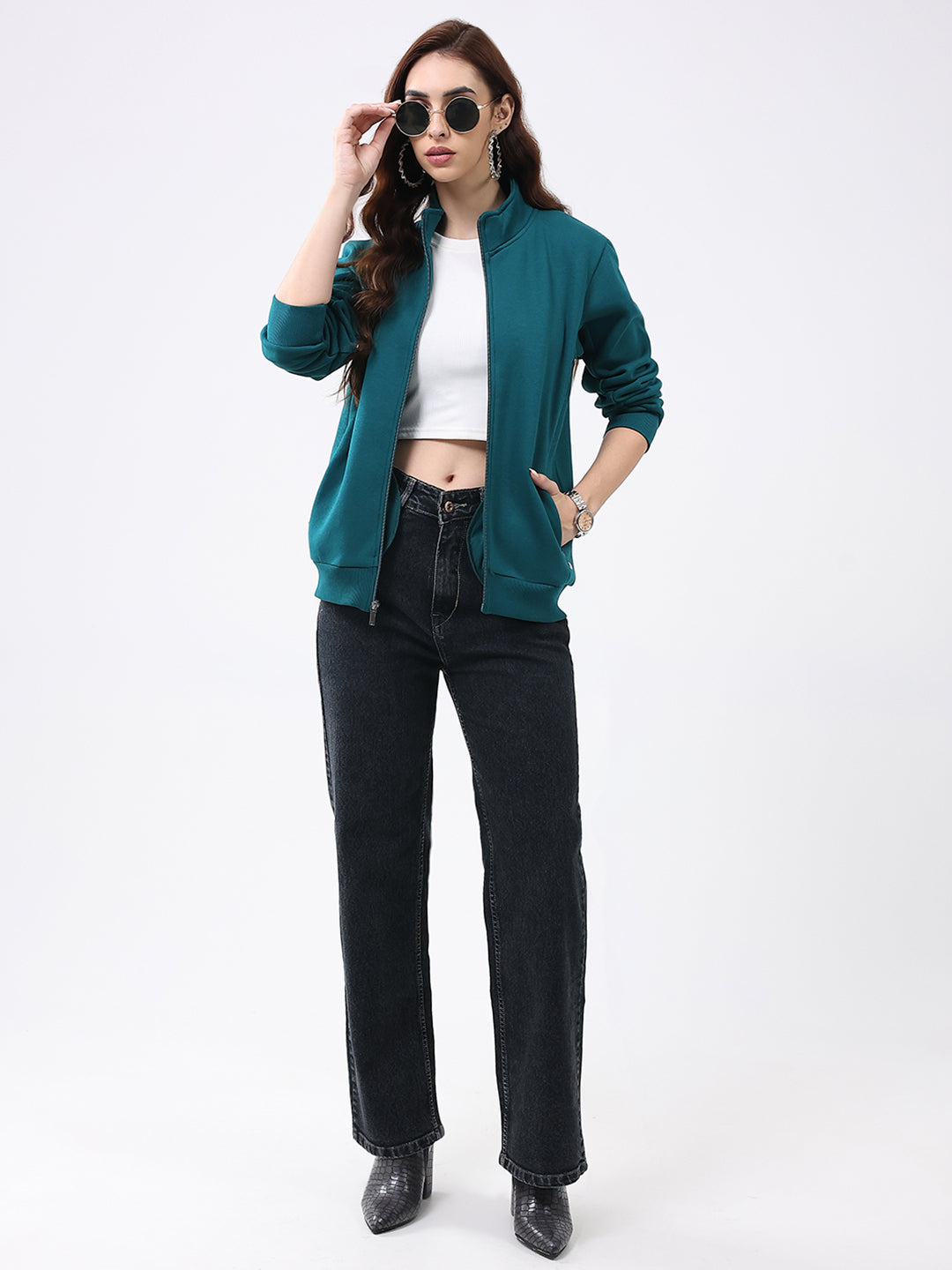 Women Teal Blue Solid Mock Neck Full Sleeve Sweatshirt