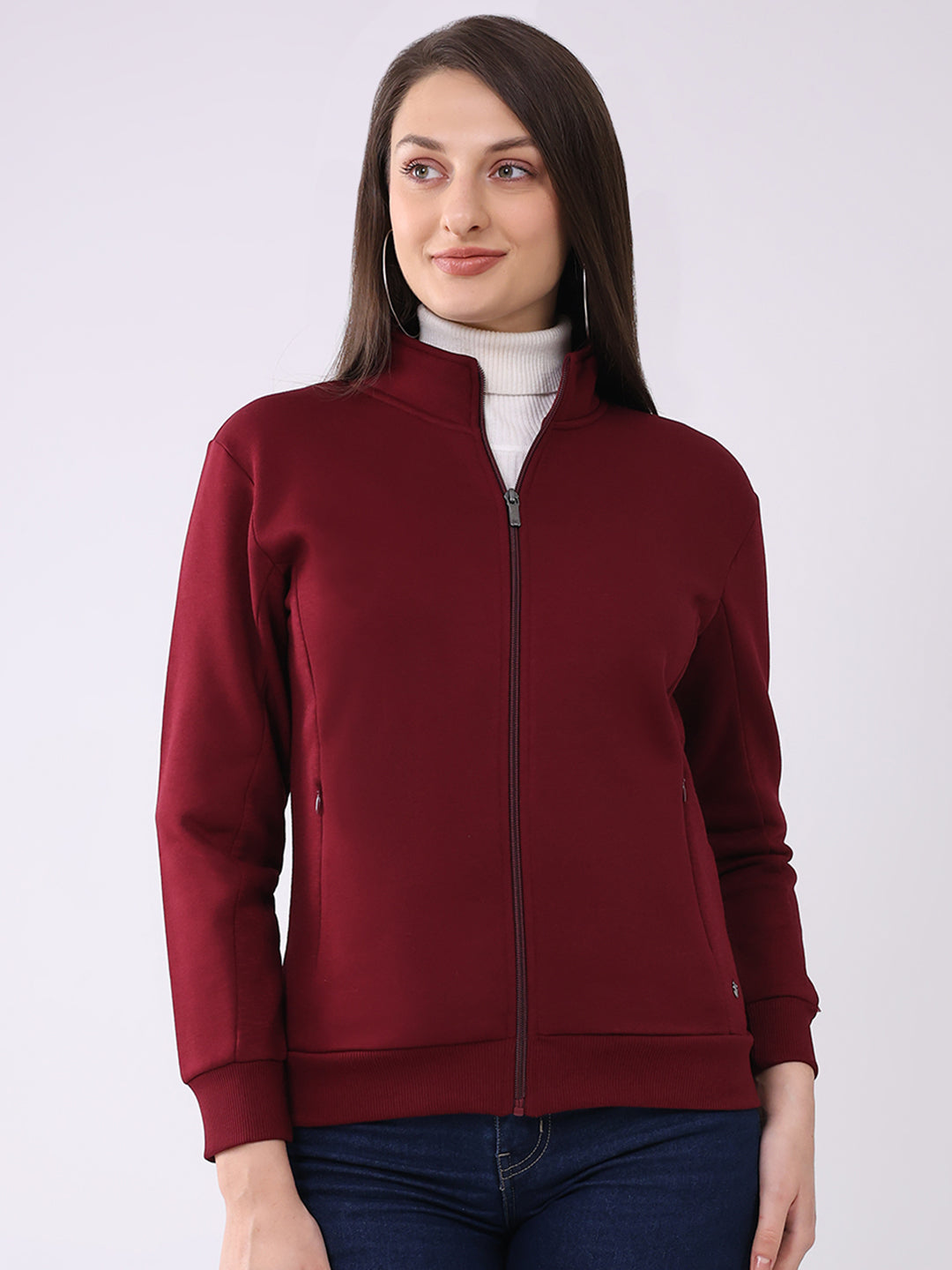 Women Maroon Solid Mock Neck Full Sleeve Sweatshirt
