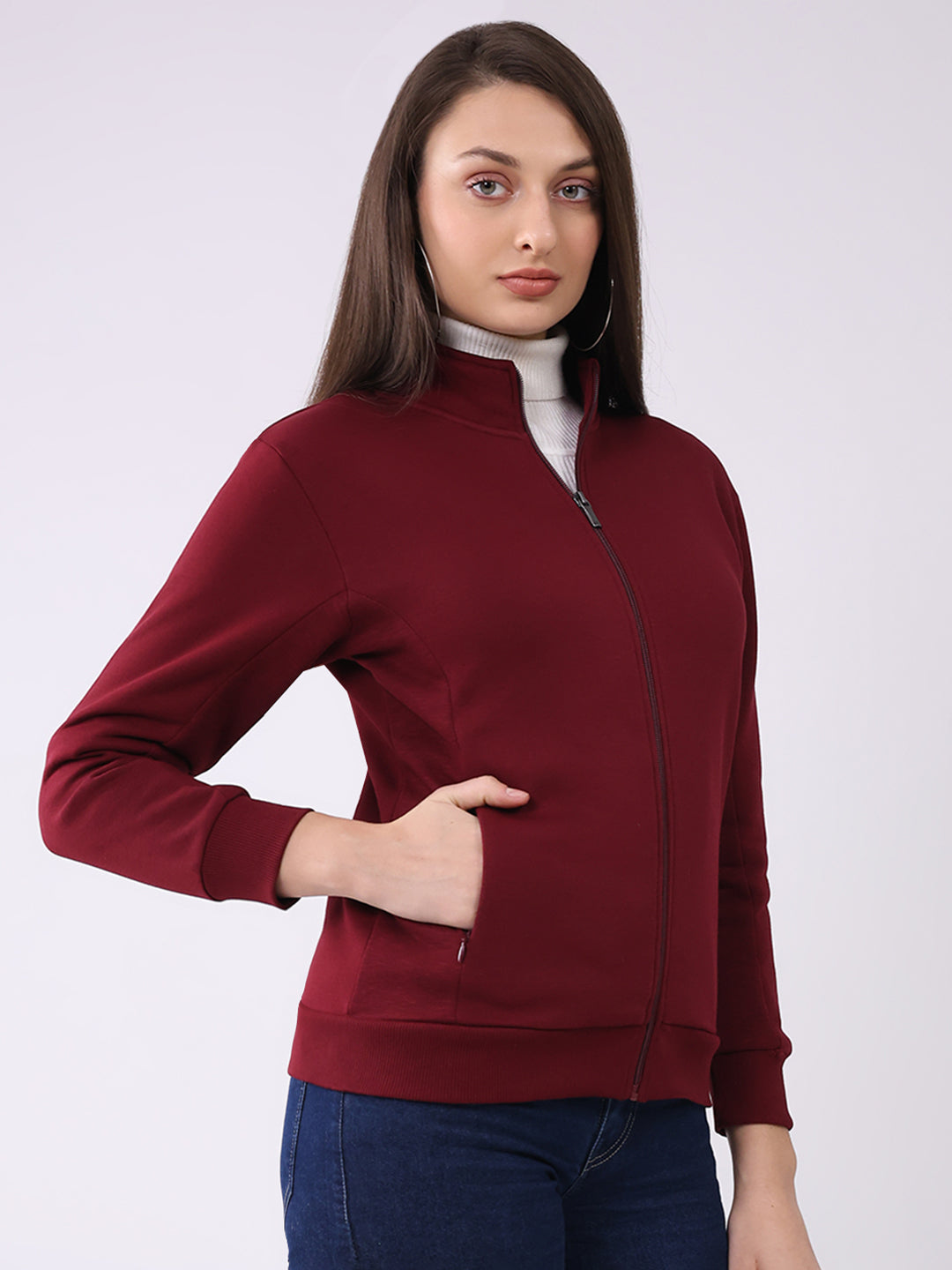 Women Maroon Solid Mock Neck Full Sleeve Sweatshirt