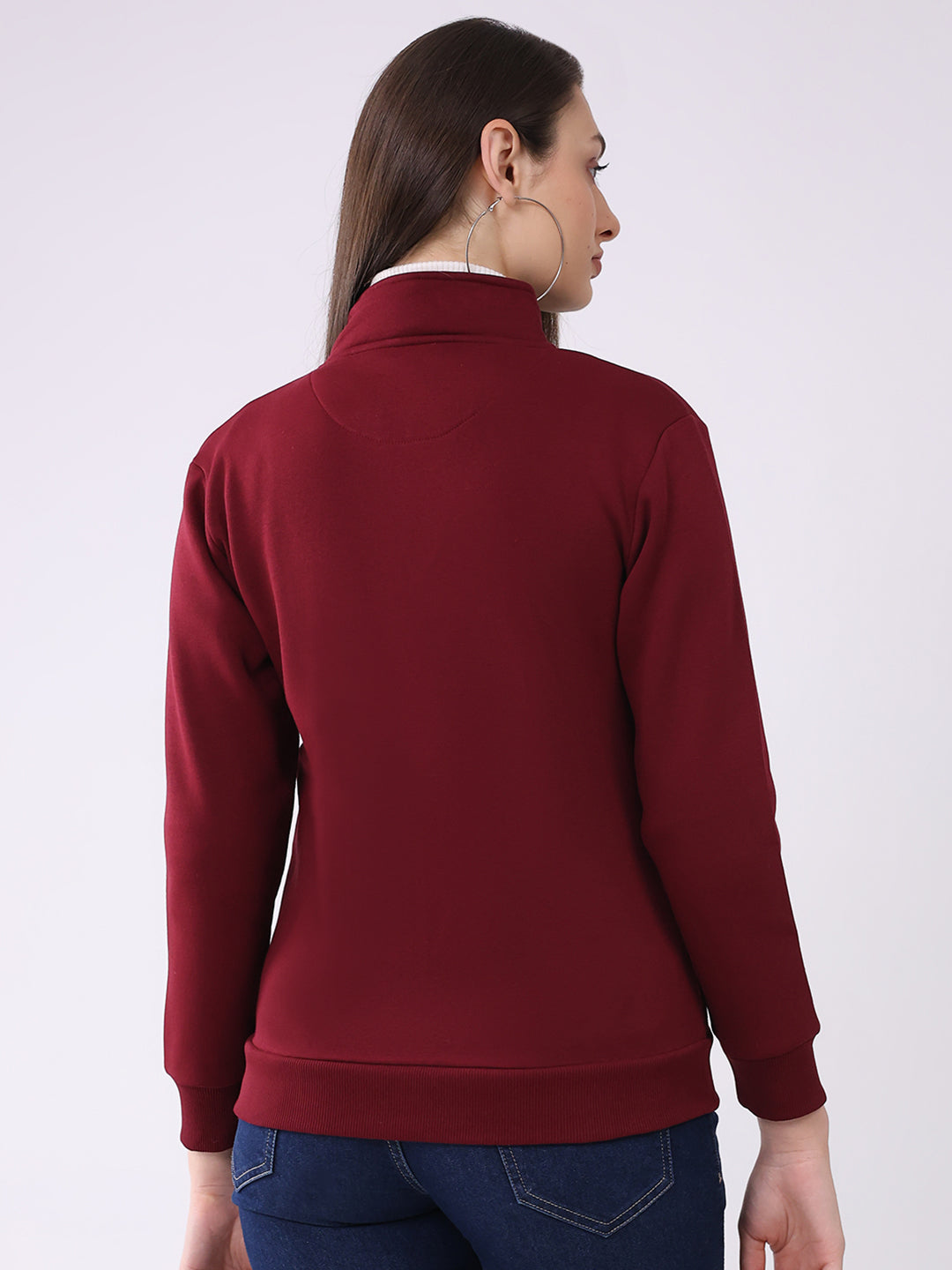 Women Maroon Solid Mock Neck Full Sleeve Sweatshirt