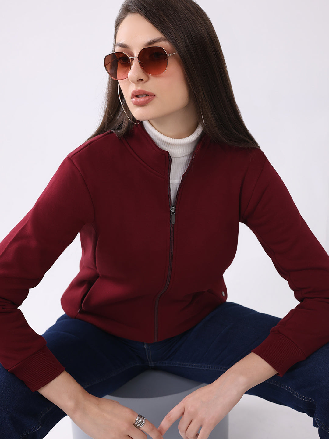 Women Maroon Solid Mock Neck Full Sleeve Sweatshirt